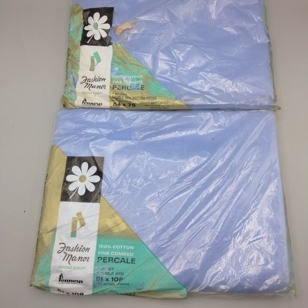 Vtg JC Penney Fashion Manor Sheet Set Blue Floral Double Flat And Fitted